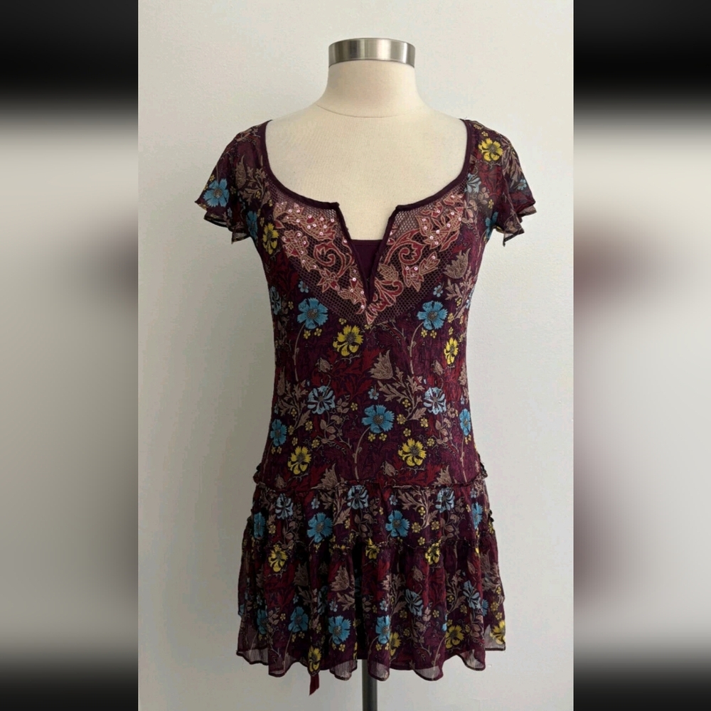 Free People Purple Floral Mini Cap Sleeve Dress size 2